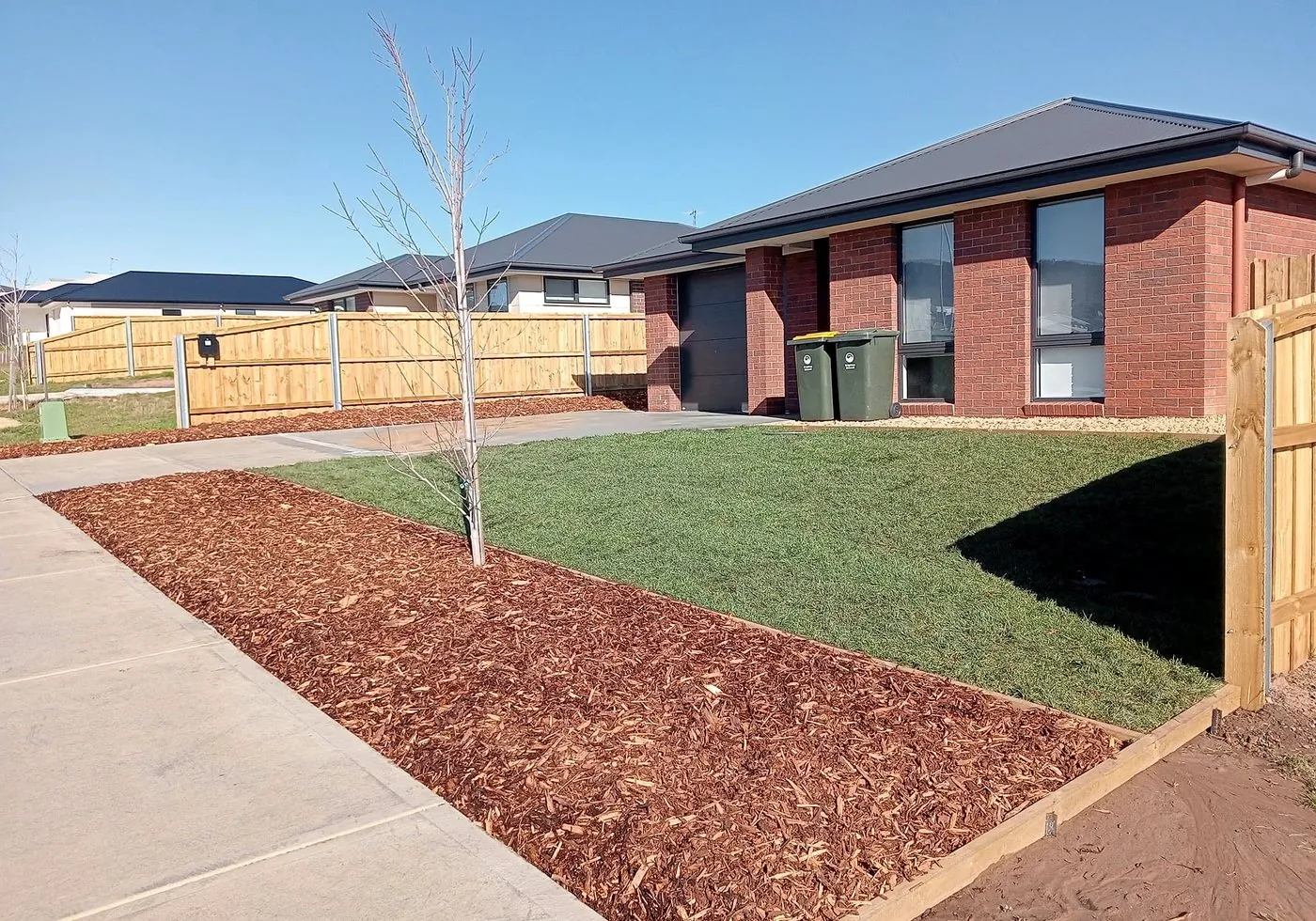 Finished front lawn and mulch beds viewed from the driveway